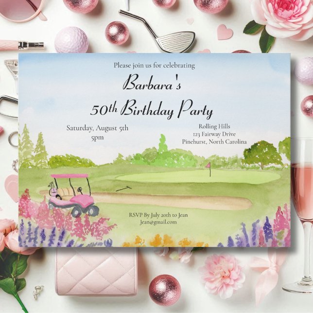 Invitación Fiesta de cumpleaños número 50 Carrito de golf ros (Subido por el creador)