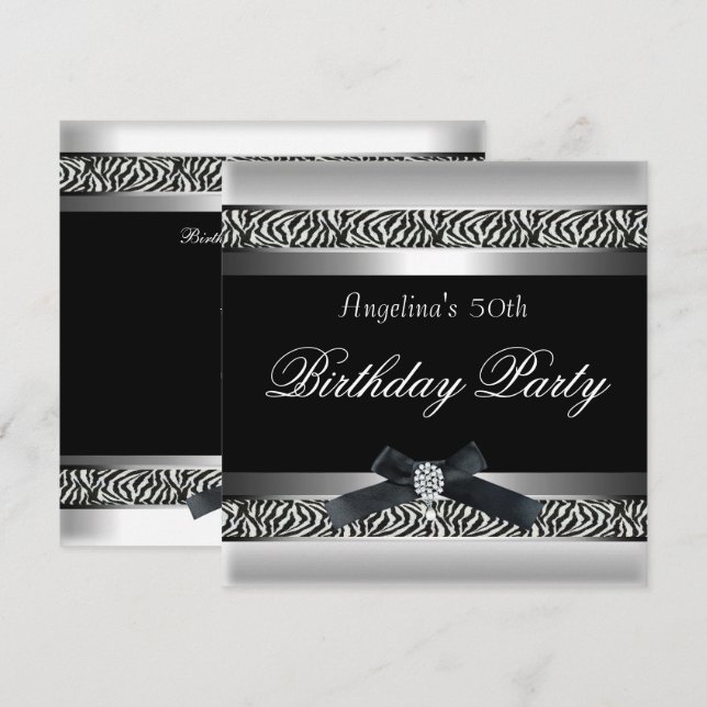 Invitación Fiesta de cumpleaños número 50 Cebra Negro Blanco  (Anverso / Reverso)