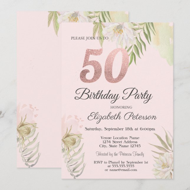 Invitación Fiesta de cumpleaños número 50 Chic Pink Boho Flor (Anverso / Reverso)
