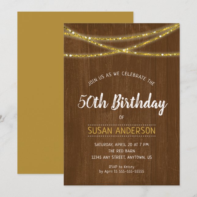 Invitación Fiesta de cumpleaños número 50 con brillo dorado r (Anverso / Reverso)