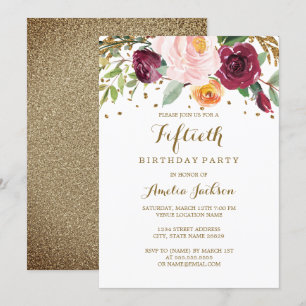 Invitación Fiesta de cumpleaños número 50 con brillo floral d