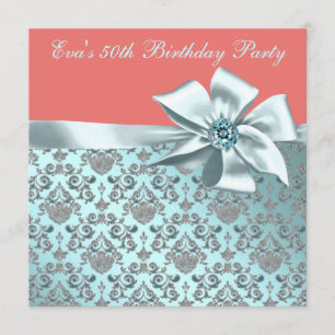 Invitación Fiesta de cumpleaños número 50 con damasco azul te