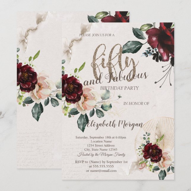 Invitación Fiesta de cumpleaños número 50 con flores Boho Bor (Anverso / Reverso)