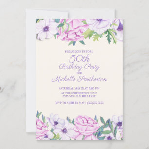 Invitación Fiesta de cumpleaños número 50 con flores de lila