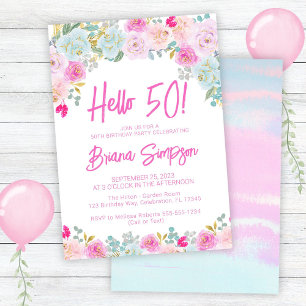 Invitación Fiesta de cumpleaños número 50 con flores rosadas,