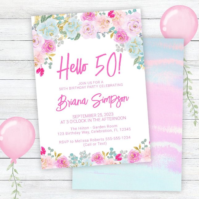 Invitación Fiesta de cumpleaños número 50 con flores rosadas, (Subido por el creador)