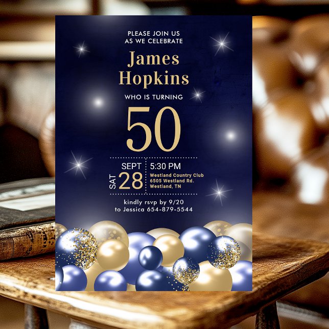 Invitación Fiesta de cumpleaños número 50 con globos azules y (Subido por el creador)