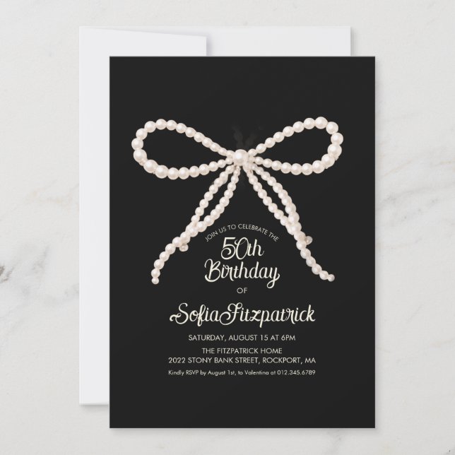Invitación Fiesta de cumpleaños número 50 con lazo de perla n (Anverso)