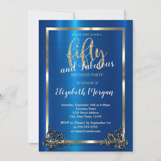 Invitación Fiesta de cumpleaños número 50 con marco dorado az (Anverso)