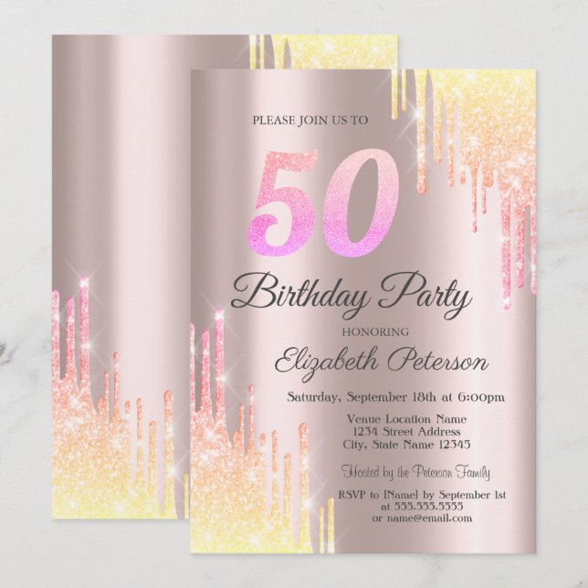 Invitación Fiesta de cumpleaños número 50 con Ombre Glitter D (Anverso / Reverso)