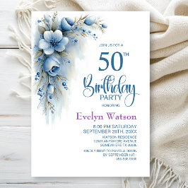 Invitación Fiesta de cumpleaños número 50 con tema floral azu