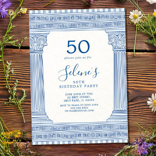 Invitación fiesta de cumpleaños número 50 con templo griego d