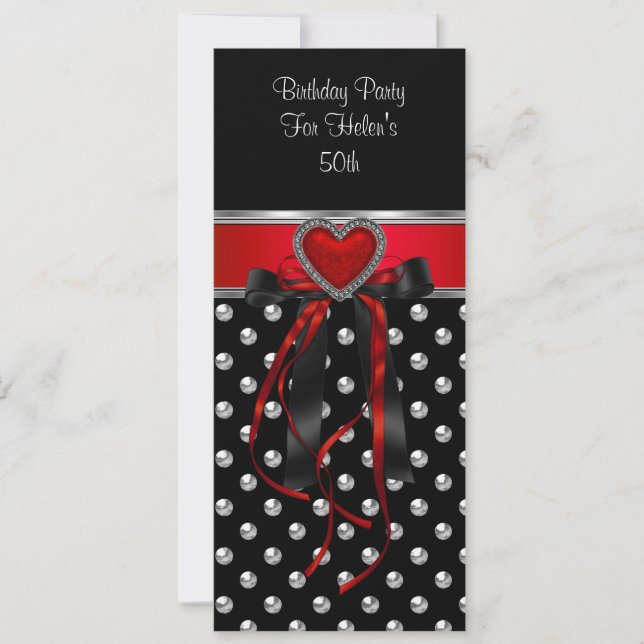 Invitación Fiesta de cumpleaños número 50 corazón rojo negro  (Anverso)