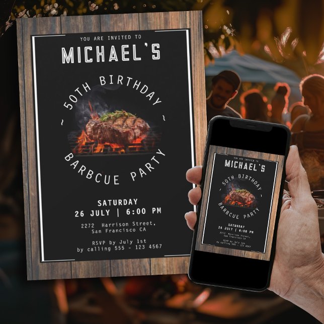 Invitación Fiesta de cumpleaños número 50 de Barbacoa Rustic (Rustic 50th Birthday Barbecue Party Modern Invitation
)