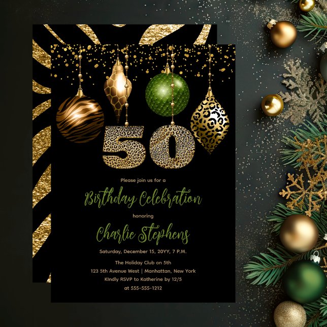Invitación Fiesta de cumpleaños número 50 de Baubles de piel  (Glamorous Tropical Animal Print Baubles 50th Birthday Party Invitation in Black, Gold & Olive Green)