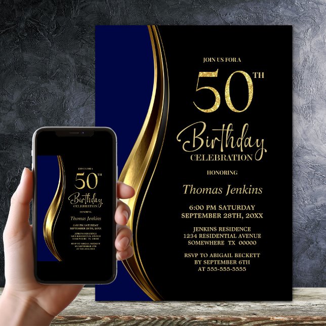 Invitación Fiesta de Cumpleaños número 50 de Black Gold Blue (Subido por el creador)