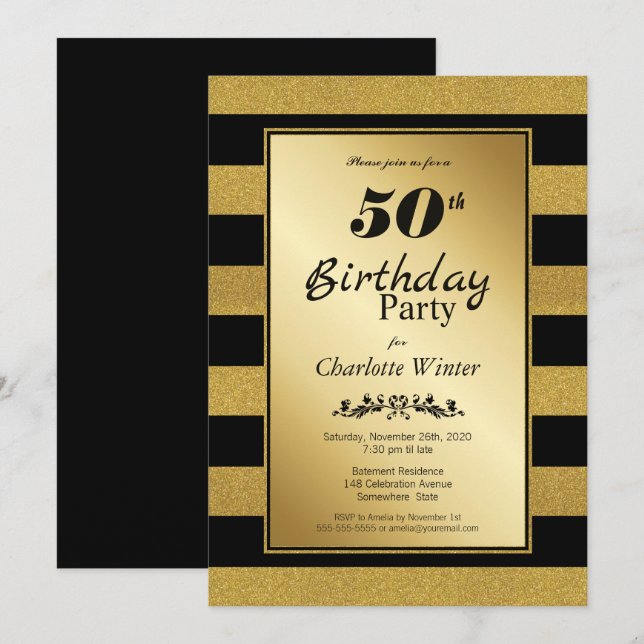 Invitación Fiesta de cumpleaños número 50 de Black Gold Strip (Anverso / Reverso)