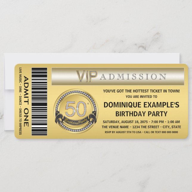 Invitación Fiesta de cumpleaños número 50 de boleto de oro (Anverso)