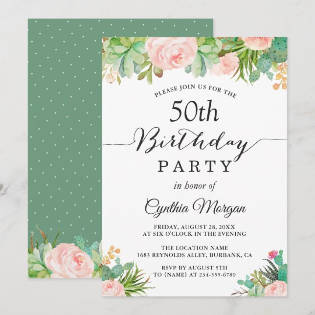 Invitación Fiesta de cumpleaños número 50 de Cactus Floral, e (Anverso / Reverso)