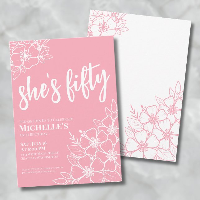 Invitación Fiesta de cumpleaños número 50 de Floral (Floral Fifty Pink 50th Birthday Party Invitation)