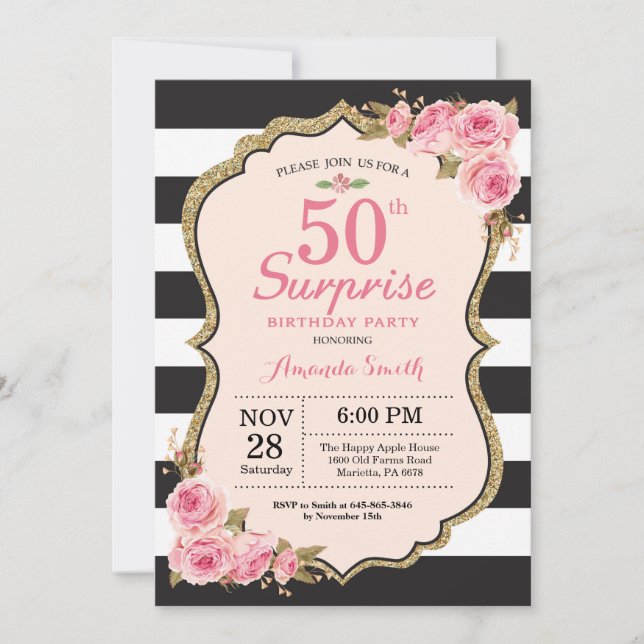 Invitación Fiesta de cumpleaños número 50 de Floral Pink Peon (Anverso)