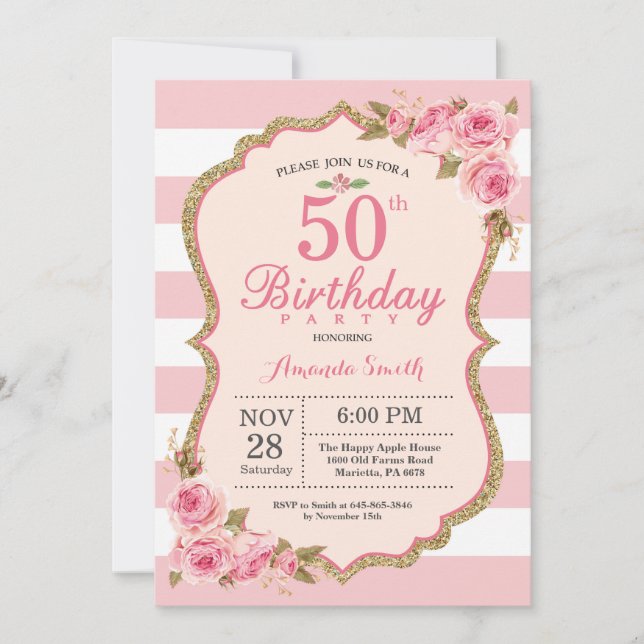 Invitación Fiesta de cumpleaños número 50 de Floral Pink Peon (Anverso)