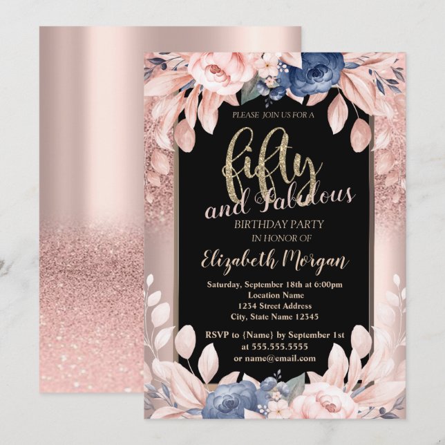 Invitación Fiesta de cumpleaños número 50 de flores azules co (Anverso / Reverso)