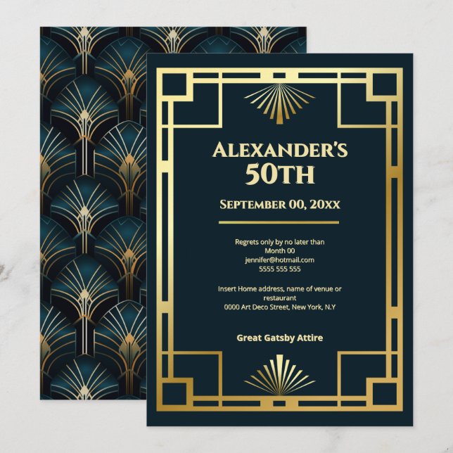 Invitación Fiesta de Cumpleaños número 50 de Gatsby con Estil (Anverso / Reverso)