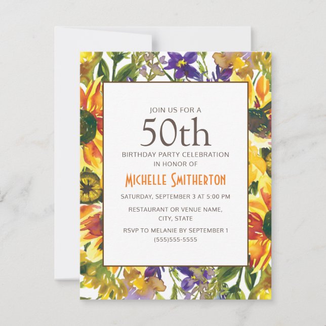 Invitación Fiesta de cumpleaños número 50 de girasoles amaril (Anverso)