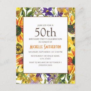 Invitación Fiesta de cumpleaños número 50 de girasoles amaril
