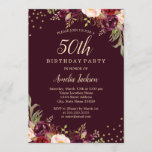 Invitación Fiesta de cumpleaños número 50 de Gold Burgundy<br><div class="desc">Más invitaciones de cumpleaños con flores en la tienda Little Bayleigh!</div>