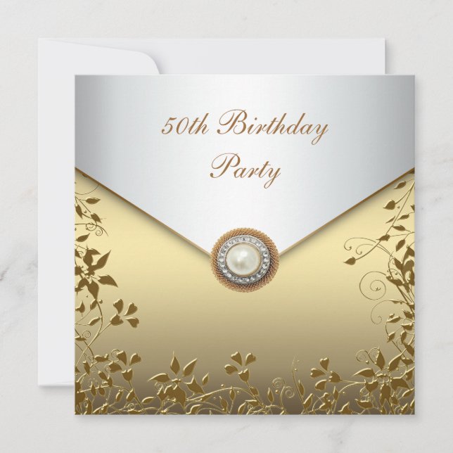 Invitación Fiesta de cumpleaños número 50 de Gold Pearl Flora (Anverso)