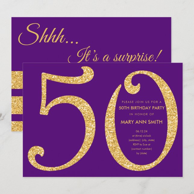 Invitación Fiesta de cumpleaños número 50 de Gold Purple Purp (Anverso / Reverso)