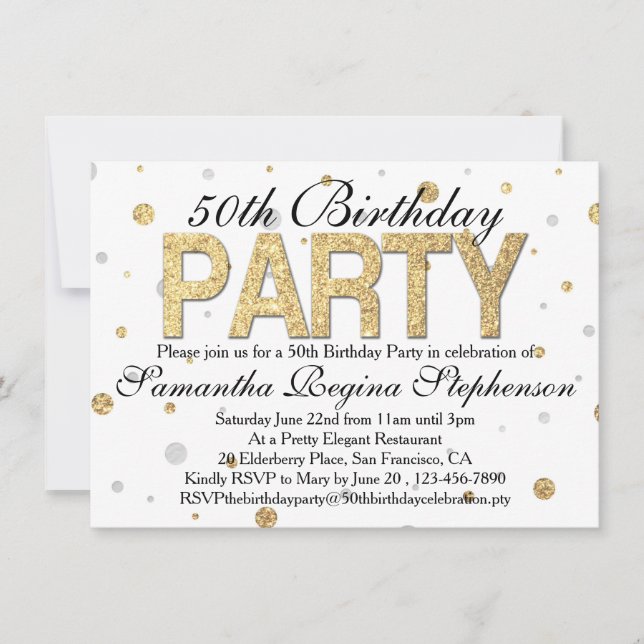 Invitación Fiesta de cumpleaños número 50 de Gold Sparkle Con (Anverso)