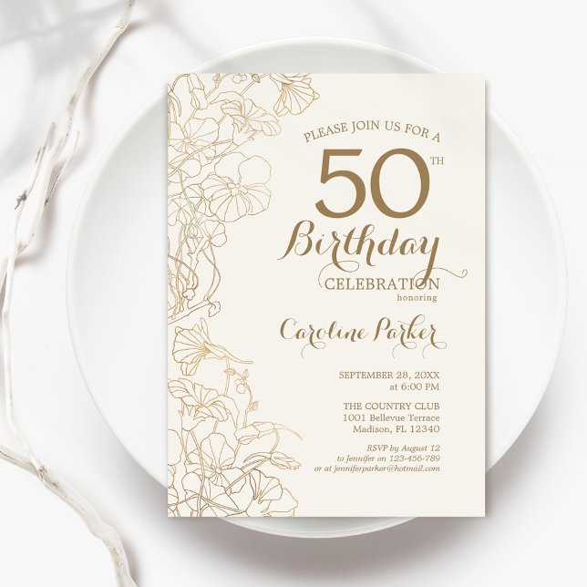 Invitación Fiesta de cumpleaños número 50 de Ivory Gold Flora (Subido por el creador)