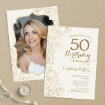 Invitación Fiesta de cumpleaños número 50 de Ivory Gold Photo<br><div class="desc">Invitación a la fiesta de cumpleaños número 50 de la Floral Ivory Gold. Diseño moderno minimalista con acentos de dibujos botánicos y tipo de letra de guión tipográfico. Sencilla carta de invitación a la moda, perfecta para una elegante celebración de cumpleaños femenina. Se puede personalizar a cualquier edad. Invitaciones Zazzle...</div>