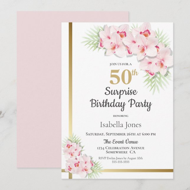 Invitación Fiesta de cumpleaños número 50 de la floral rosa y (Anverso / Reverso)