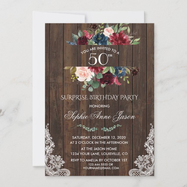 Invitación Fiesta de cumpleaños número 50 de la Madera Floral (Anverso)