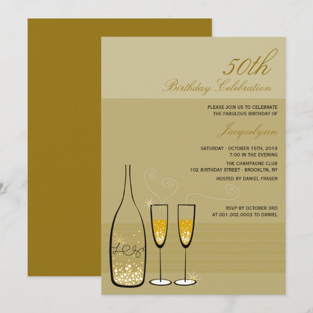 Invitación Fiesta de cumpleaños número 50 de la Moda Gold Cha (Anverso / Reverso)