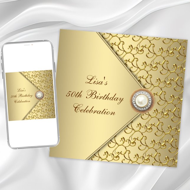 Invitación Fiesta de cumpleaños número 50 de las perlas de or (Elegant gold birthday and any event invitation. Instant download and printed invitations available.)