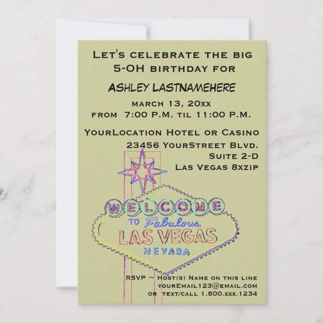 Invitación Fiesta de cumpleaños número 50 de Las Vegas (Anverso)