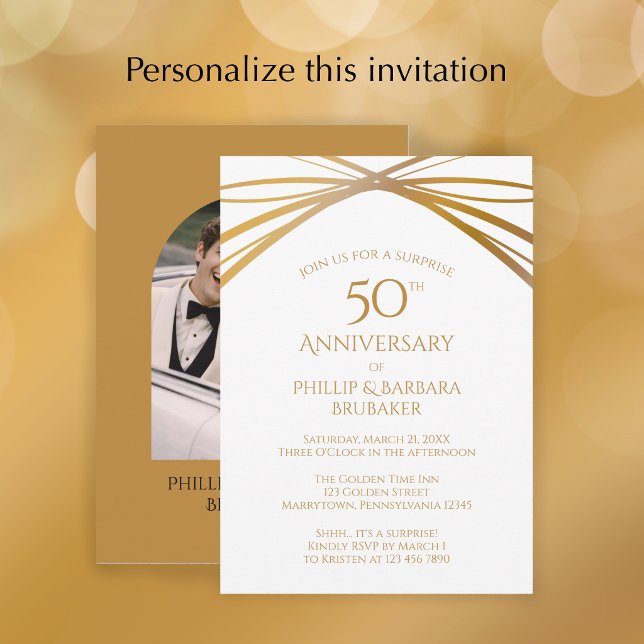 Invitación Fiesta de Cumpleaños número 50 de Modern Arch Phot (Add a photo and custom text to this elegant faux gold 50th anniversary invitation.
)