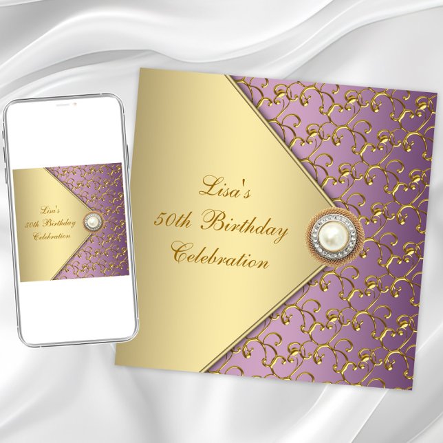 Invitación Fiesta de cumpleaños número 50 de mujer morado y d (Elegant birthday or any occasion invitation. Instant download and printed invitations available)