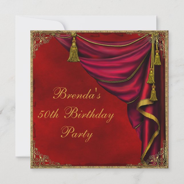 Invitación Fiesta de cumpleaños número 50 de mujer oro rojo (Anverso)