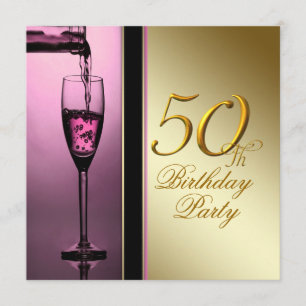 Invitación Fiesta de cumpleaños número 50 de mujer rosa y dor