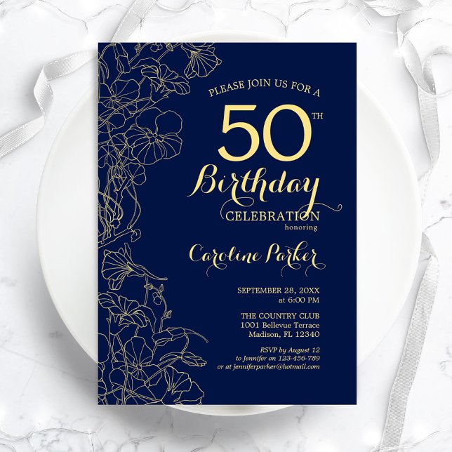 Invitación Fiesta de cumpleaños número 50 de Navy Blue Gold F (Subido por el creador)