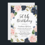 Invitación Fiesta de cumpleaños número 50 de Navy Blue Rubor<br><div class="desc">Invitación a la fiesta de cumpleaños 50º de la acuarela de Rubor azul de la Marina Ver artículos coincidentes en la tienda de nichos y nidos</div>