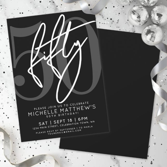 Invitación Fiesta de cumpleaños número 50 de negro (Black 50th Birthday Party Invitation)