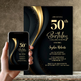 Invitación Fiesta de cumpleaños número 50 de negro y dorado