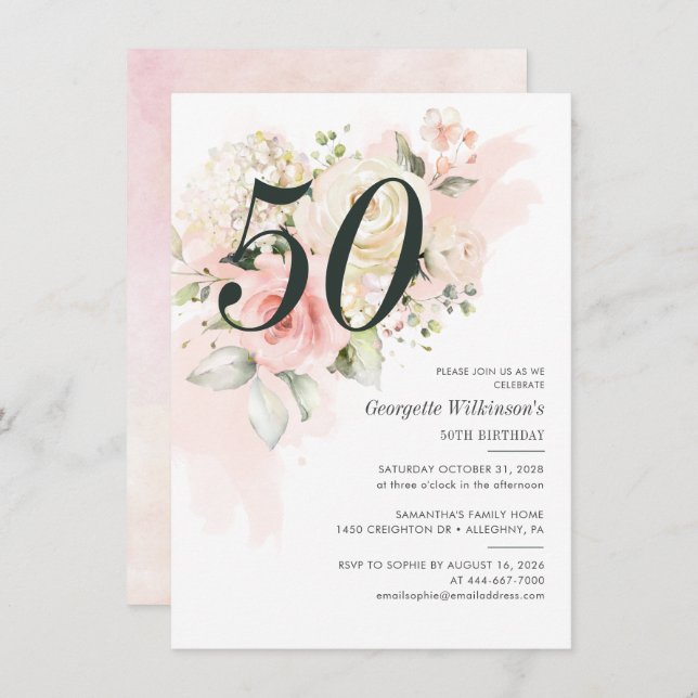 Invitación Fiesta de cumpleaños número 50 de Pink Floral Bota (Anverso / Reverso)